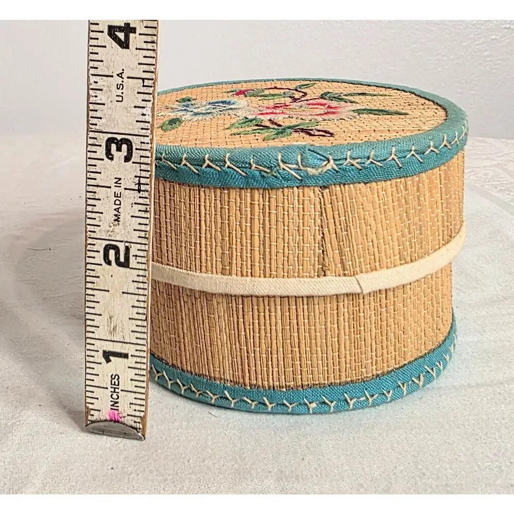 Vintage Embroidery Bamboo Keepsake Storage Box Oval 3